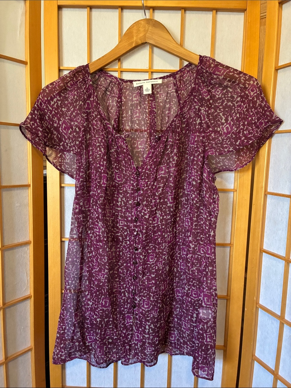 Banana Republic Plum Printed Sheer silk Button-Up Blouse
